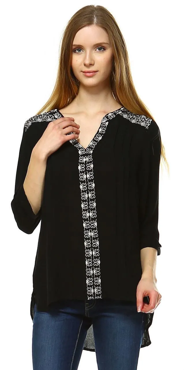 Embroidered Shirt with Long Sleeves Floral Lace Black