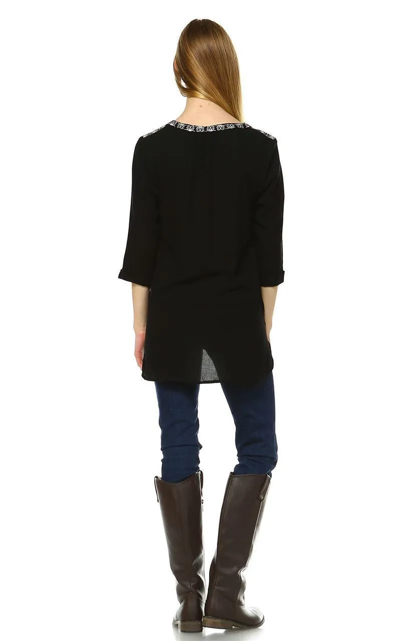Embroidered Shirt with Long Sleeves Floral Lace Black