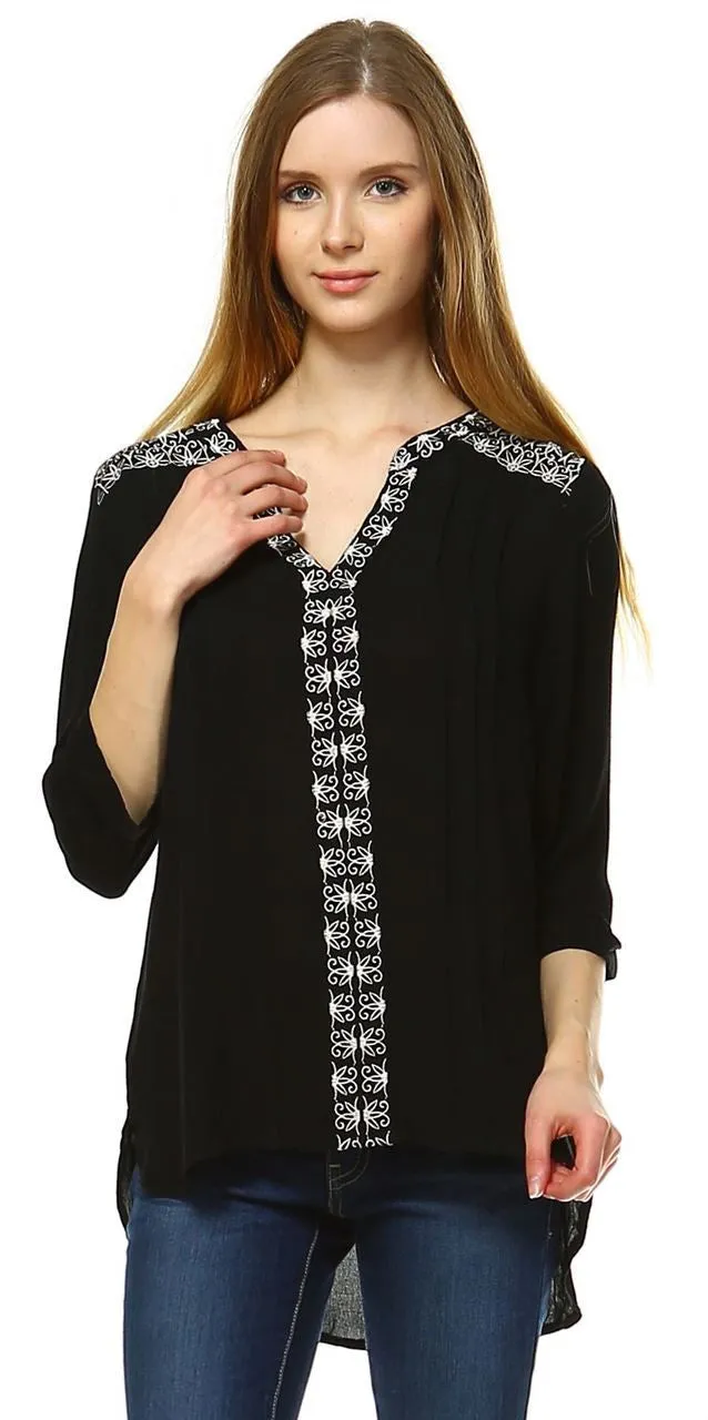 Embroidered Shirt with Long Sleeves Floral Lace Black