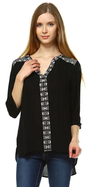 Embroidered Shirt with Long Sleeves Floral Lace Black