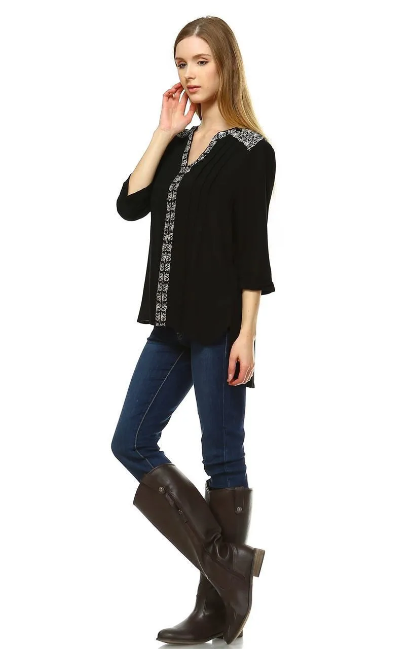 Embroidered Shirt with Long Sleeves Floral Lace Black