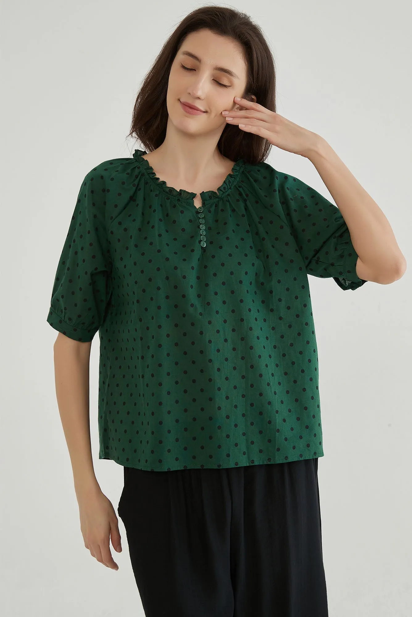 Emerald Green Polka Dot Shirt for Women