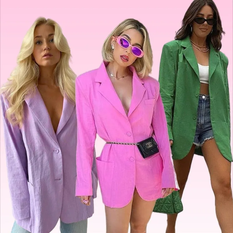 FashionSierra - Pink Casual Oversized Colorful Loose Long Blazer