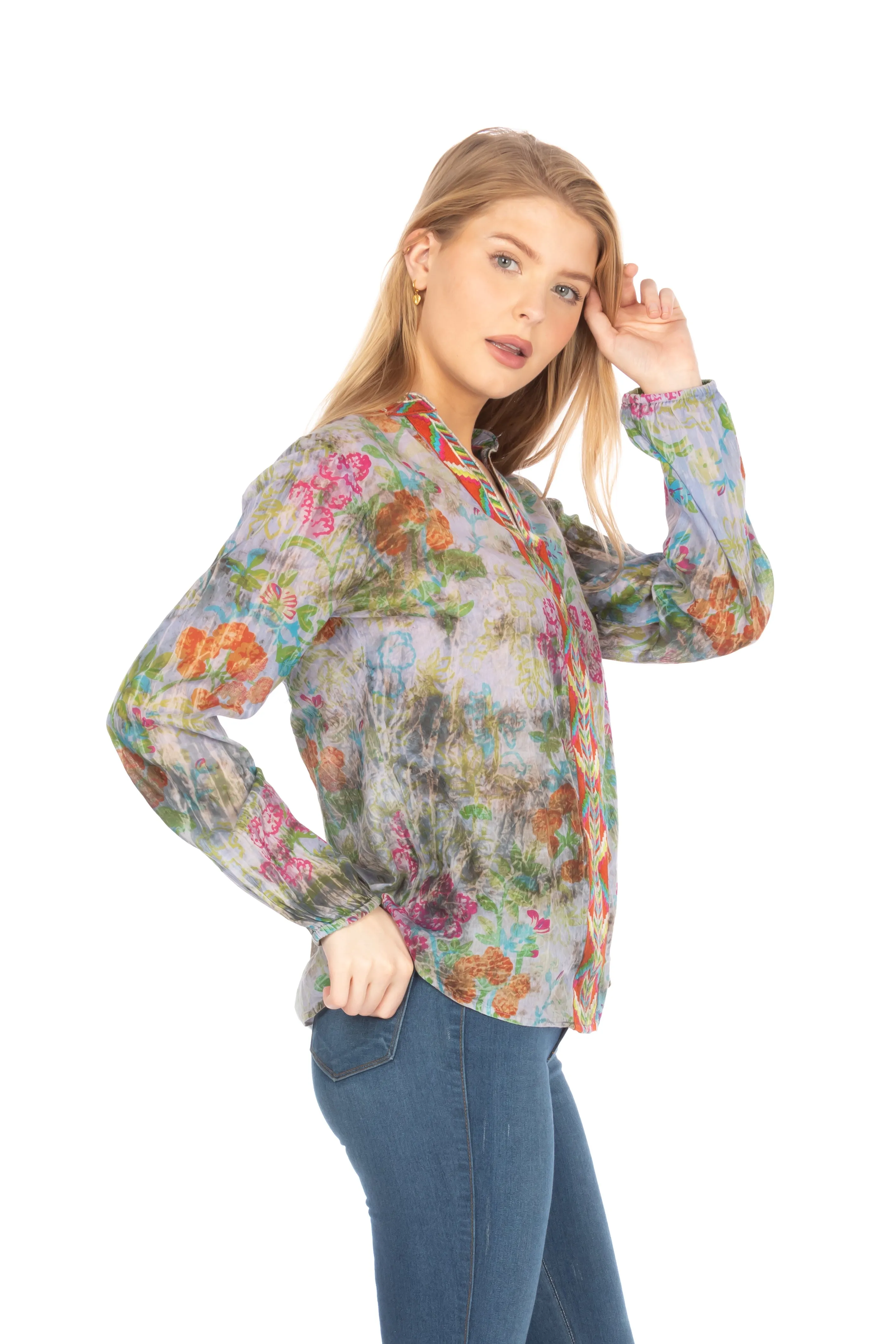 Floral Boho Tunic with Embroidery and Vintage Wash