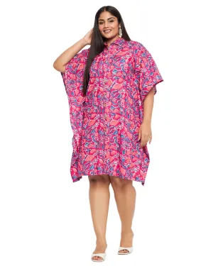 Floral Printed Rani Pink Cotton Front Button Tunic For Plus Size Women