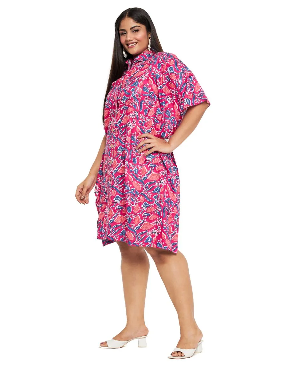Floral Printed Rani Pink Cotton Front Button Tunic For Plus Size Women
