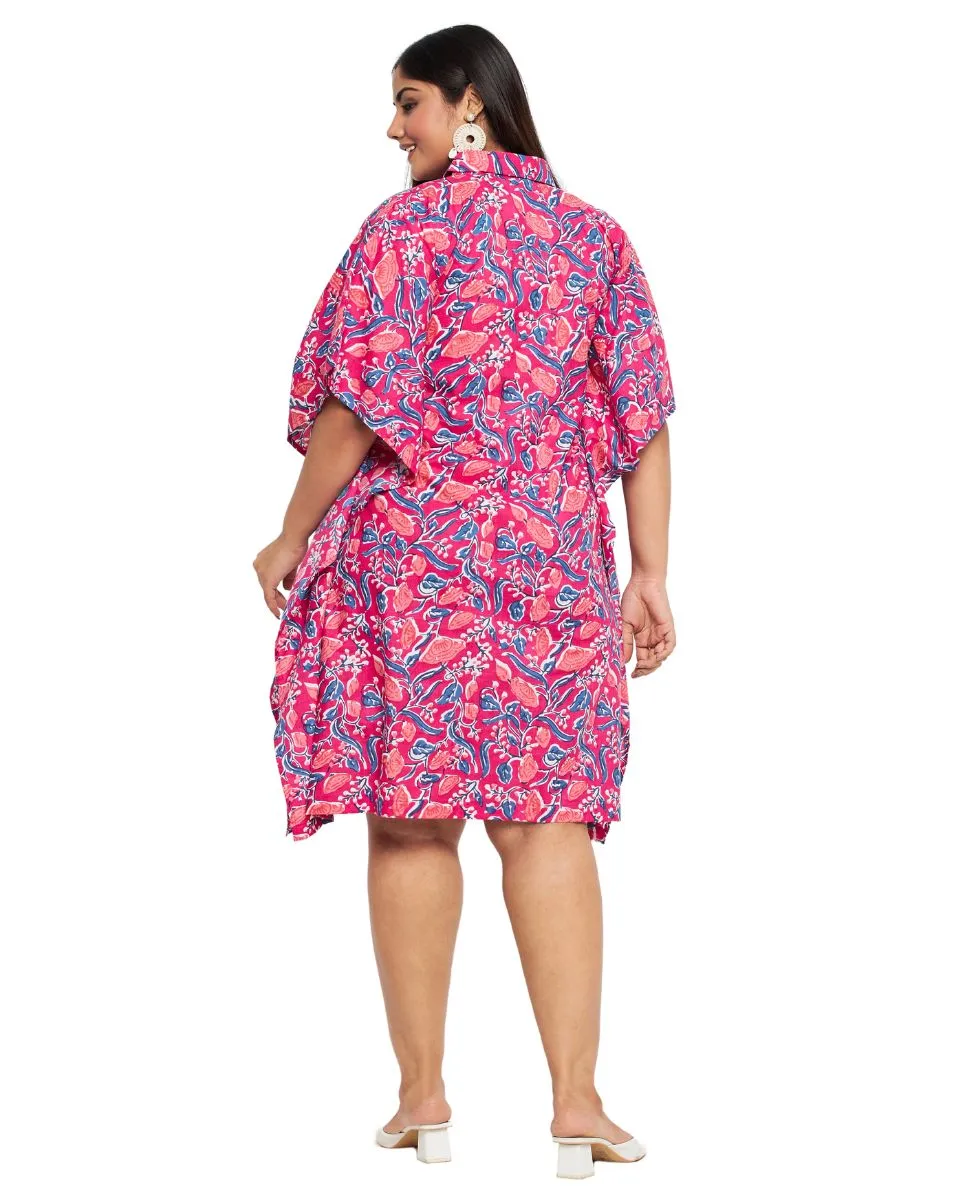 Floral Printed Rani Pink Cotton Front Button Tunic For Plus Size Women
