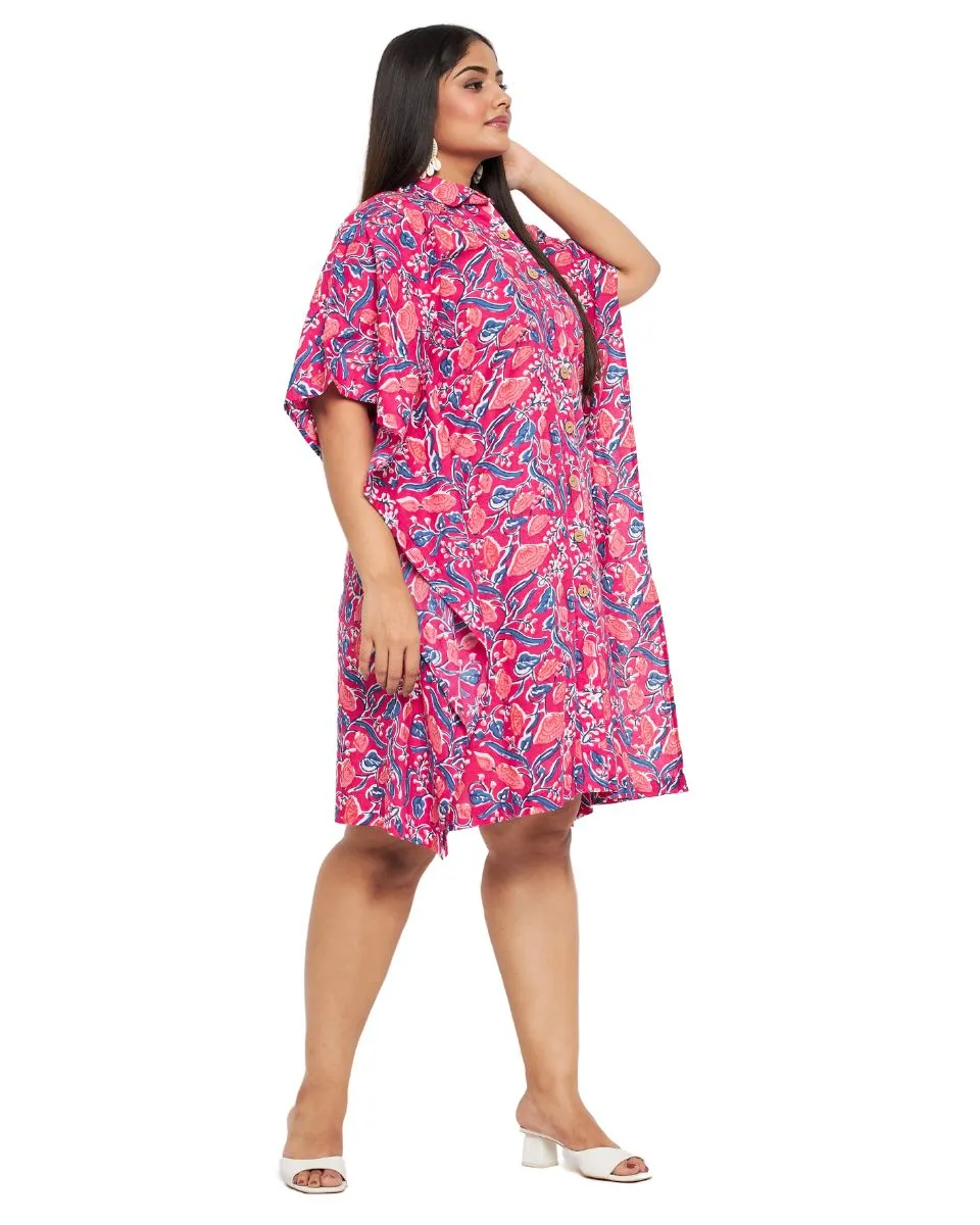 Floral Printed Rani Pink Cotton Front Button Tunic For Plus Size Women