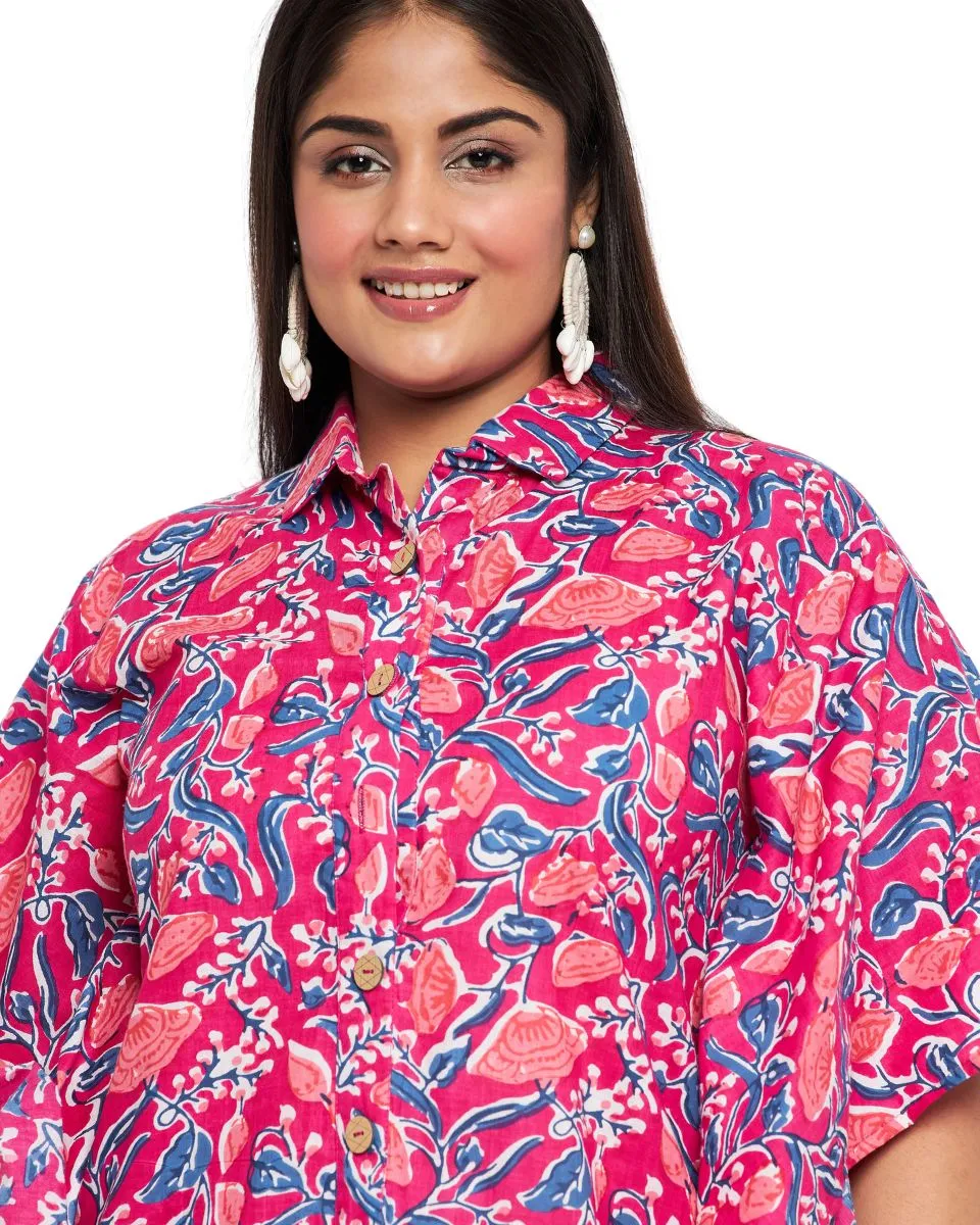 Floral Printed Rani Pink Cotton Front Button Tunic For Plus Size Women