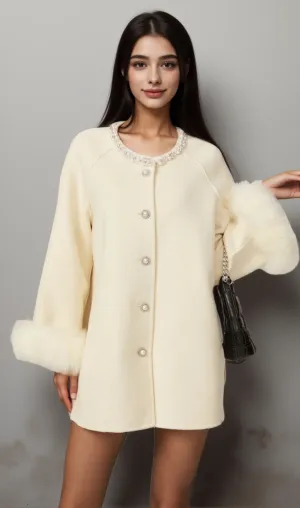 Frédérique white wool fur embellished coat