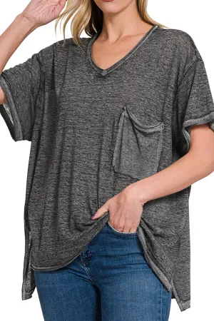 From The Beginning Ash Black Melange Burnout V-Neck Top