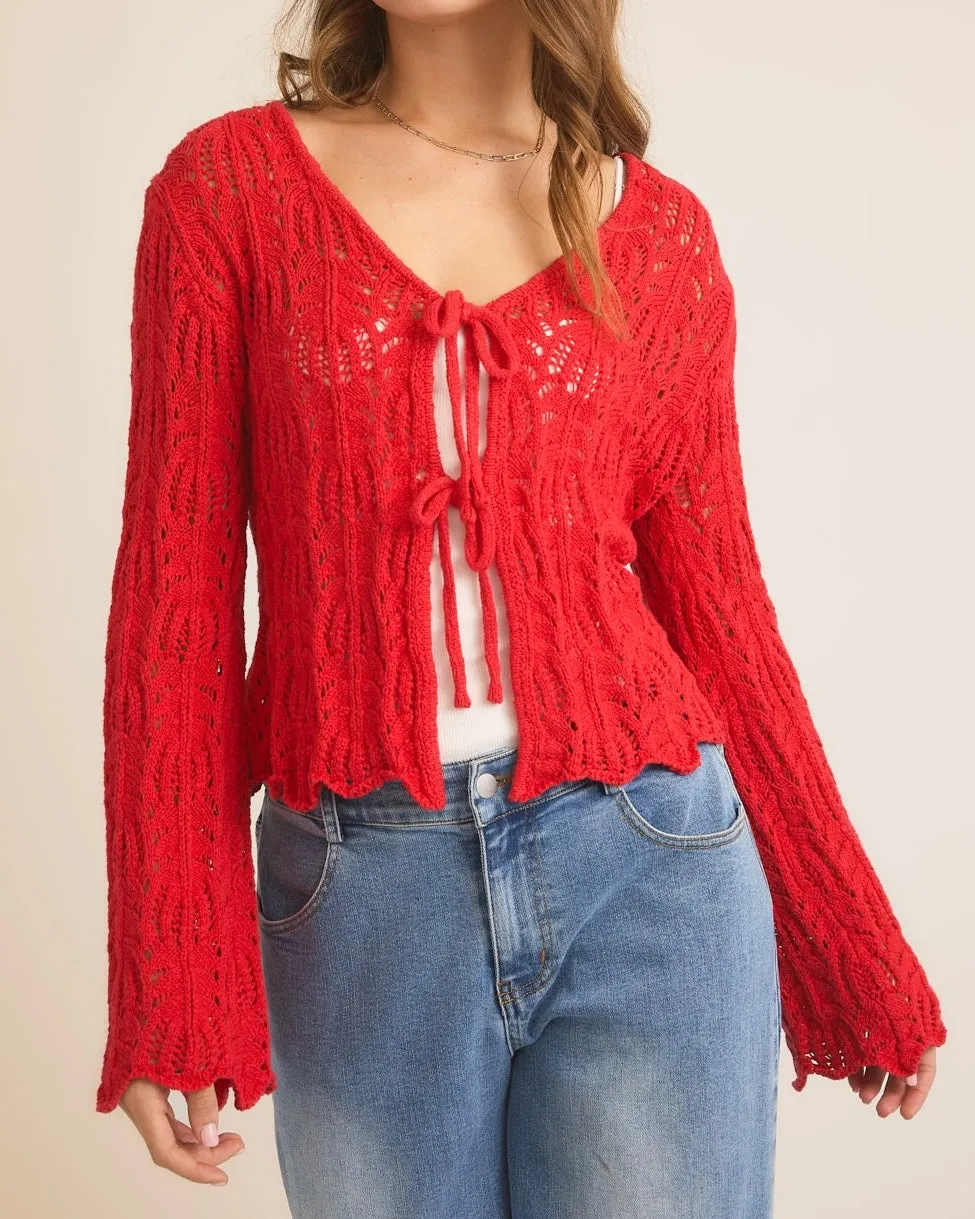 Front Tie Bell Sleeve Open Knit Cardigan in Berry