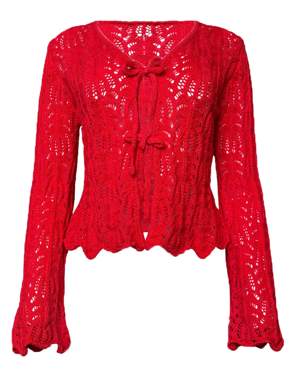 Front Tie Bell Sleeve Open Knit Cardigan in Berry