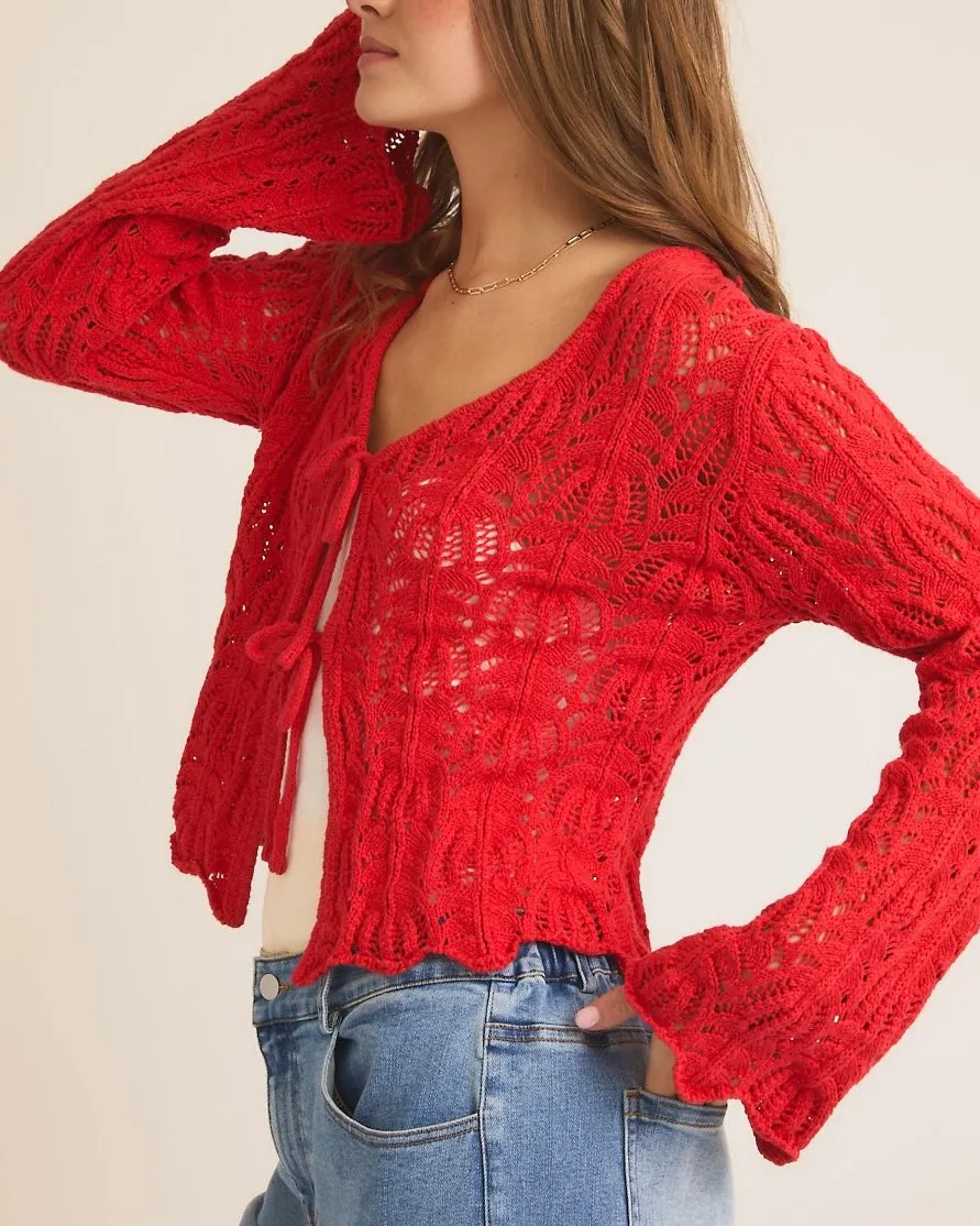 Front Tie Bell Sleeve Open Knit Cardigan in Berry