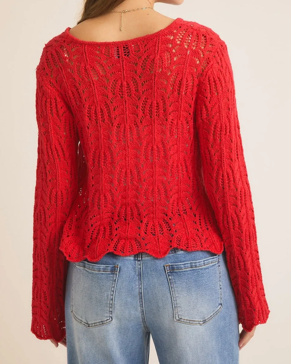 Front Tie Bell Sleeve Open Knit Cardigan in Berry