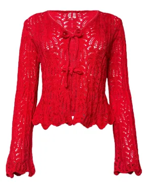 Front Tie Bell Sleeve Open Knit Cardigan in Berry