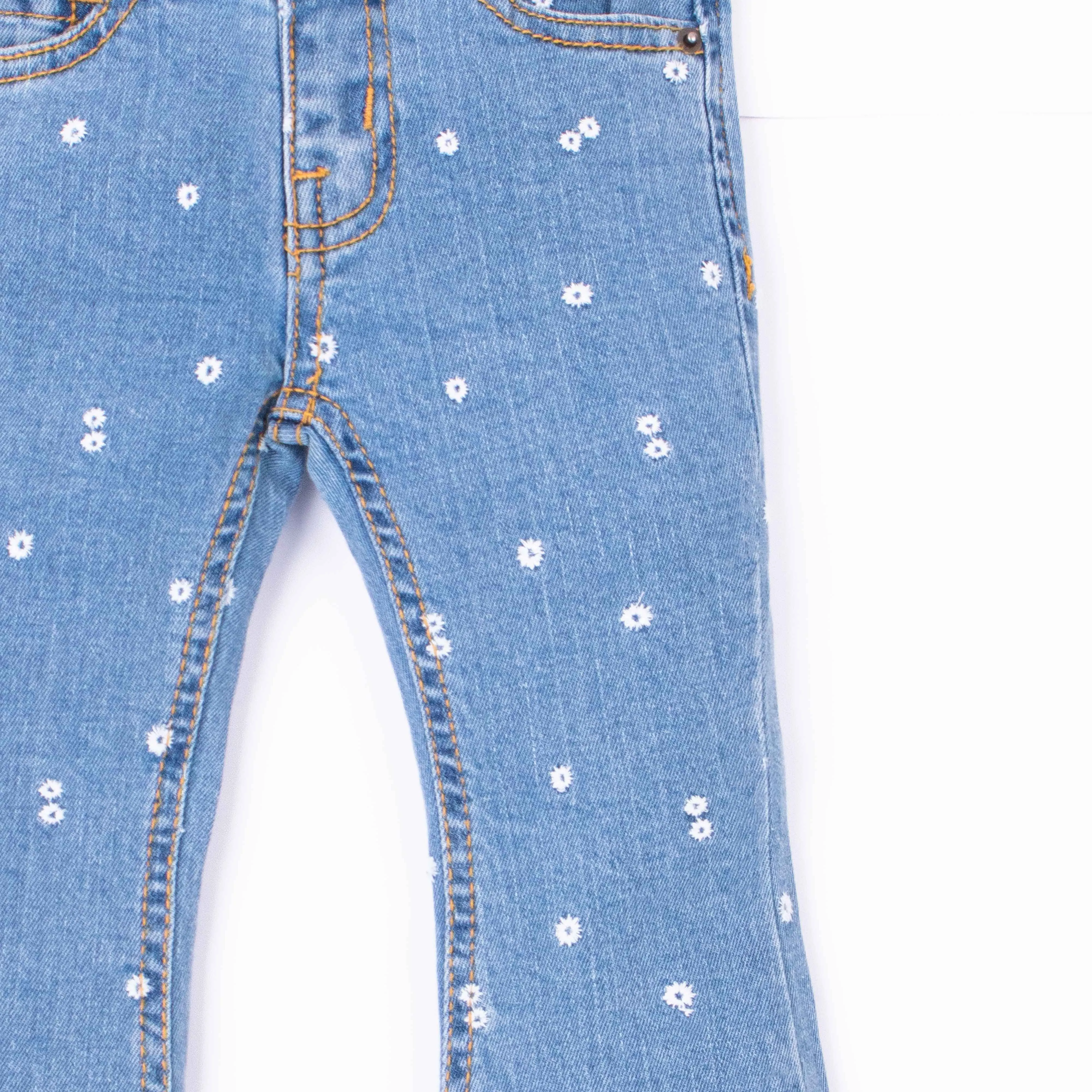 Girl Blue Embroidery Flower Denim Bell Bottom