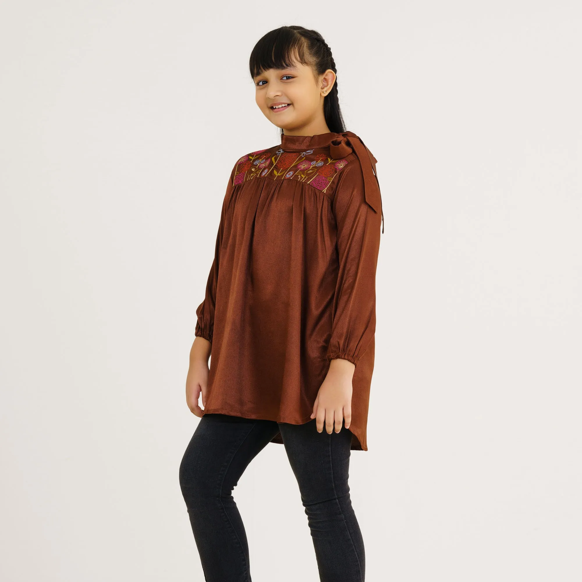 Girls Brown Embroidered Tunic