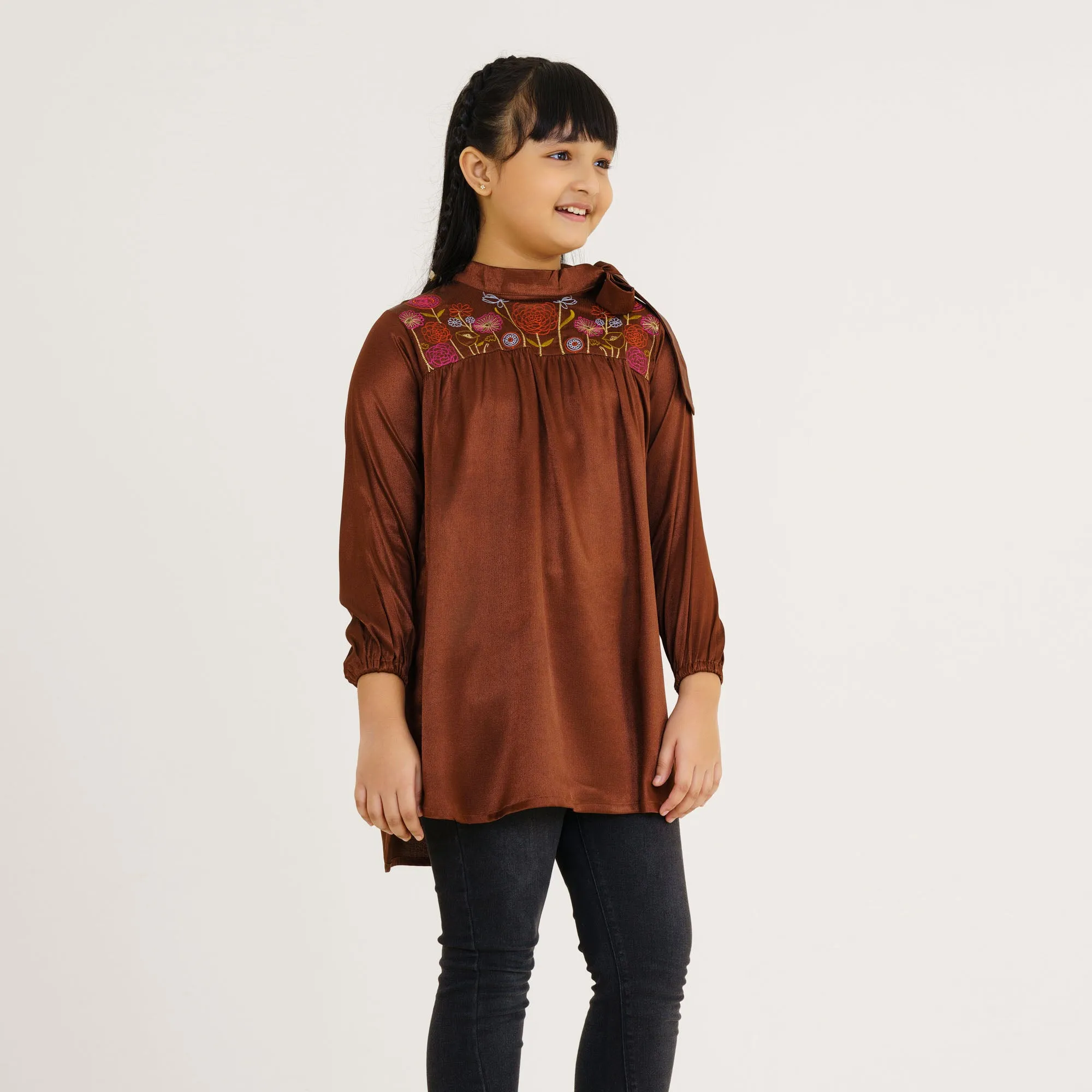 Girls Brown Embroidered Tunic