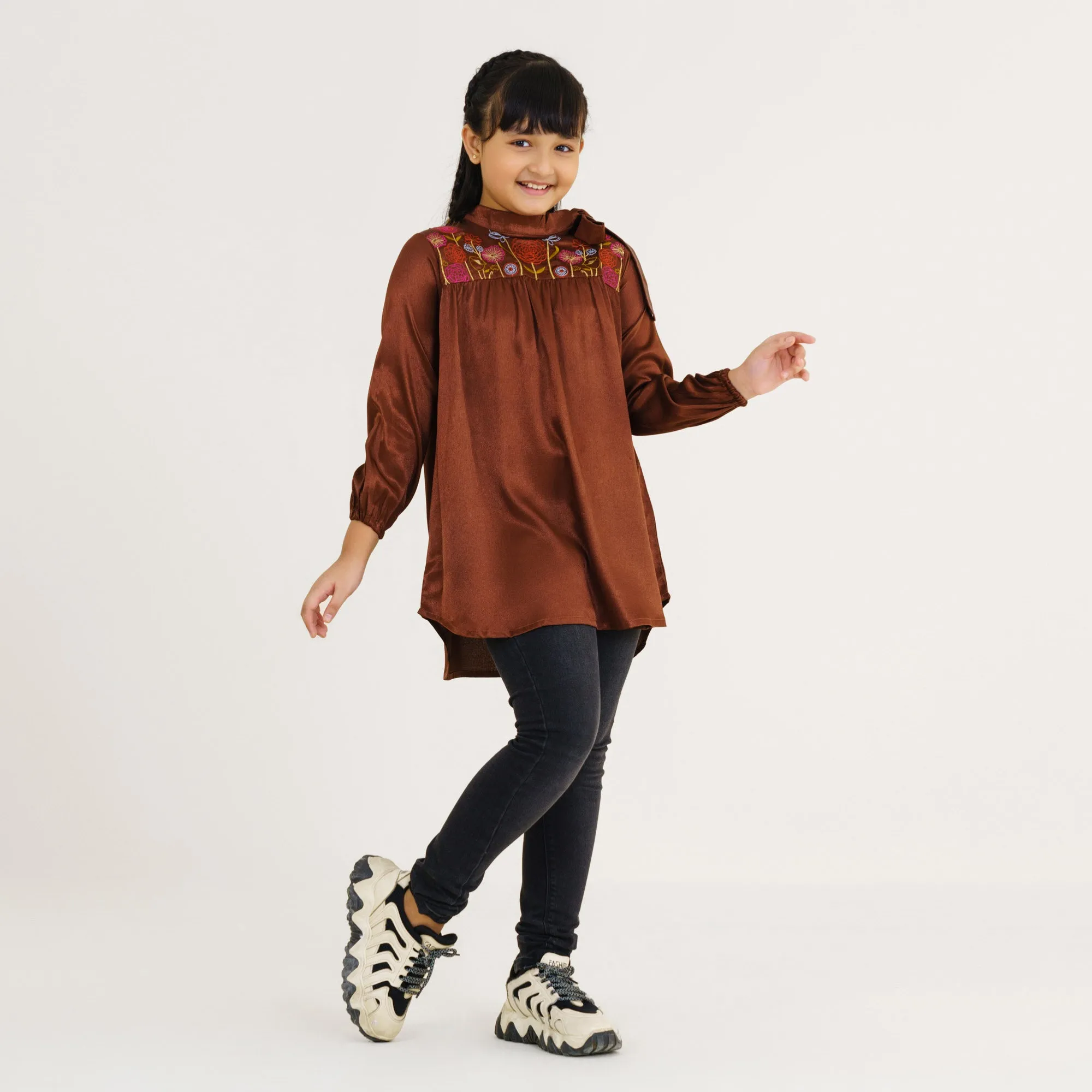 Girls Brown Embroidered Tunic