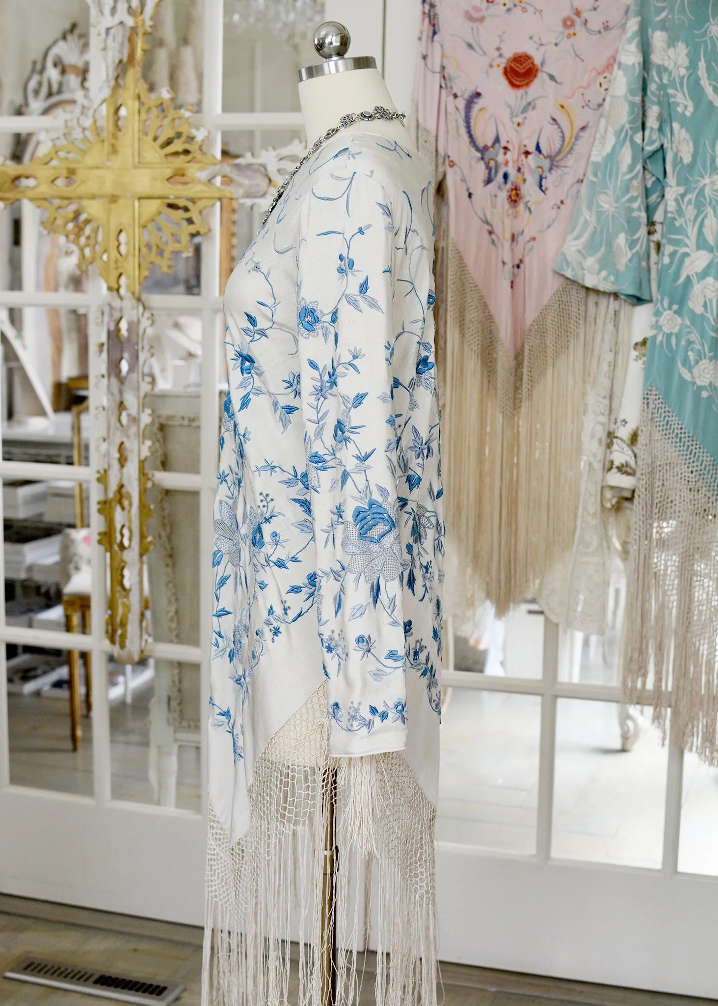 Giselle Antique Hand Embroidered Silk Crepe Dress with Silk Tassel Fringes