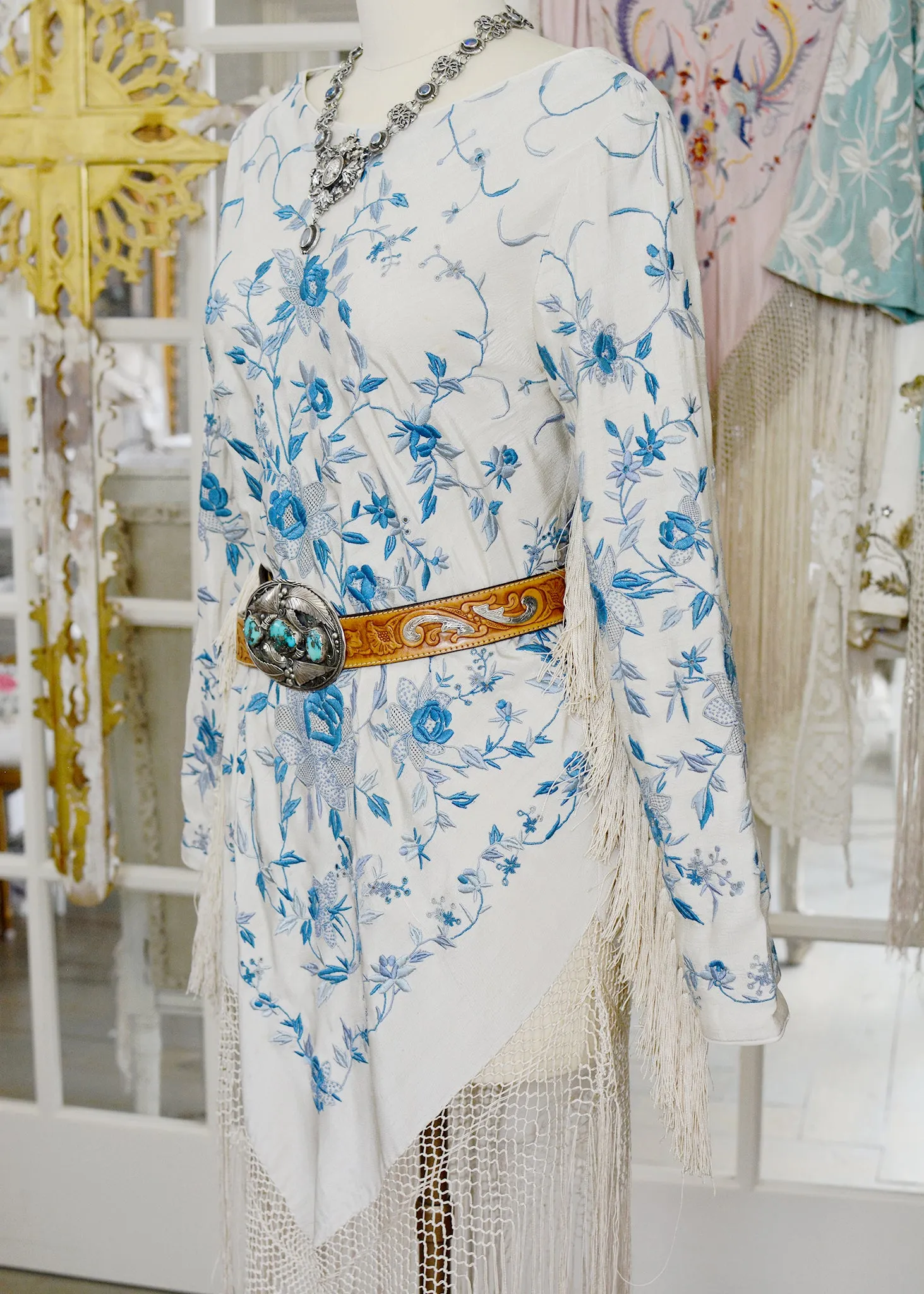 Giselle Antique Hand Embroidered Silk Crepe Dress with Silk Tassel Fringes