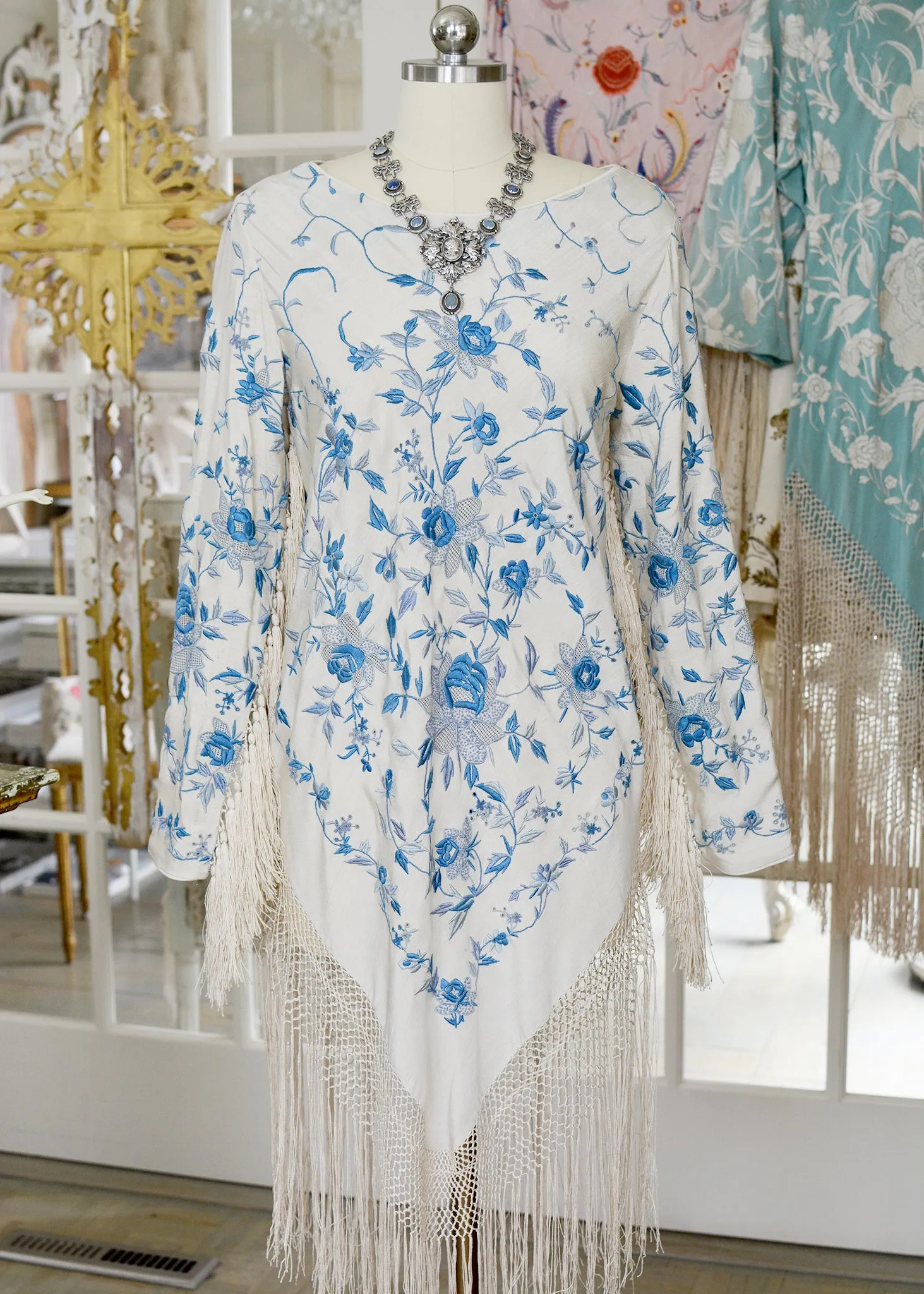 Giselle Antique Hand Embroidered Silk Crepe Dress with Silk Tassel Fringes