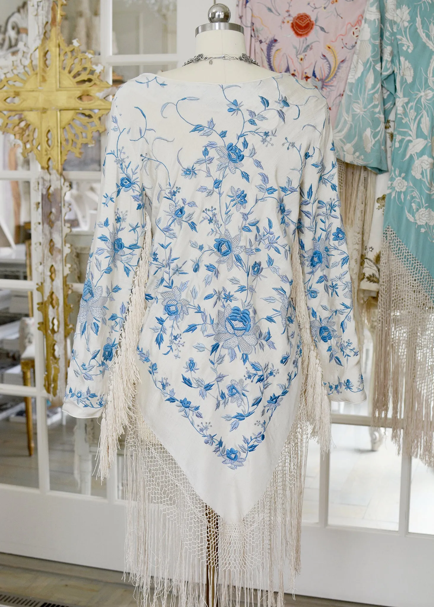 Giselle Antique Hand Embroidered Silk Crepe Dress with Silk Tassel Fringes