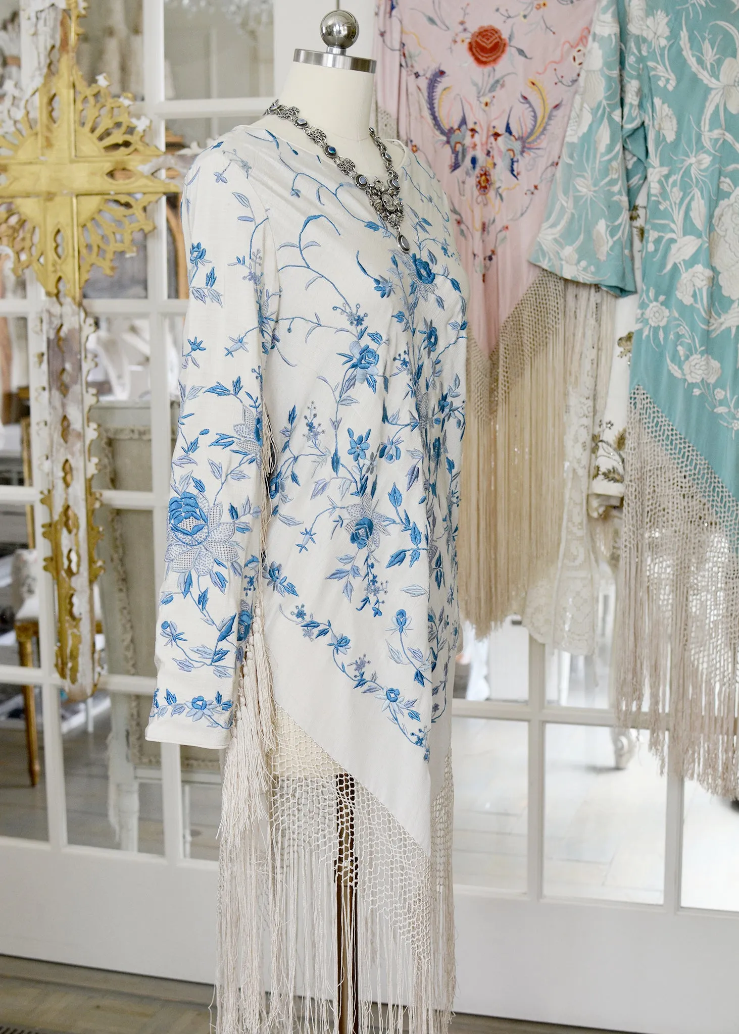Giselle Antique Hand Embroidered Silk Crepe Dress with Silk Tassel Fringes