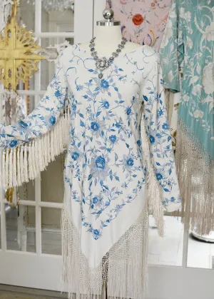Giselle Antique Hand Embroidered Silk Crepe Dress with Silk Tassel Fringes