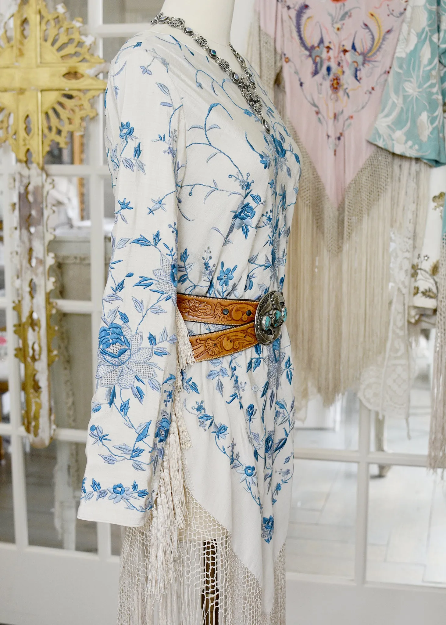 Giselle Antique Hand Embroidered Silk Crepe Dress with Silk Tassel Fringes