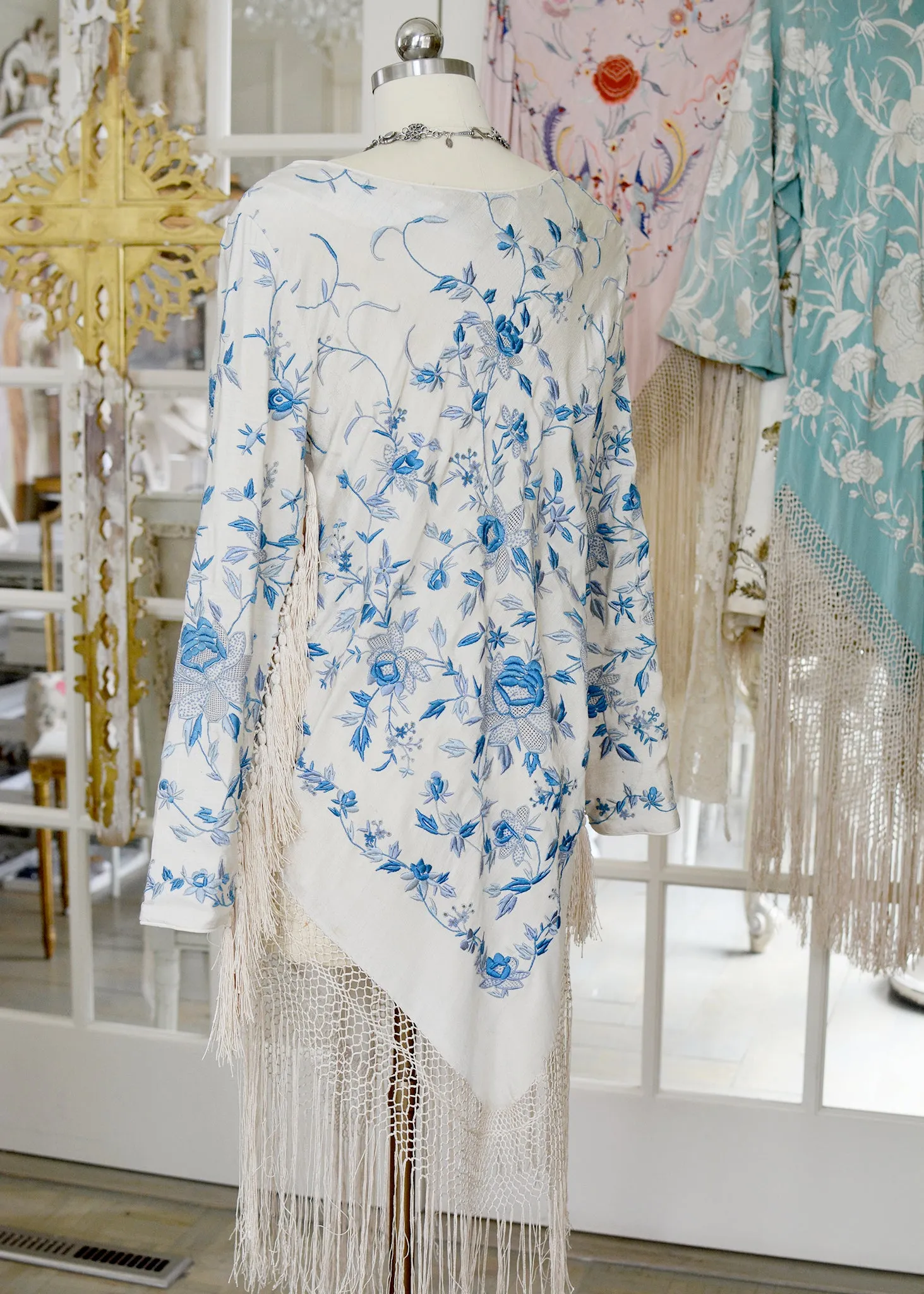Giselle Antique Hand Embroidered Silk Crepe Dress with Silk Tassel Fringes