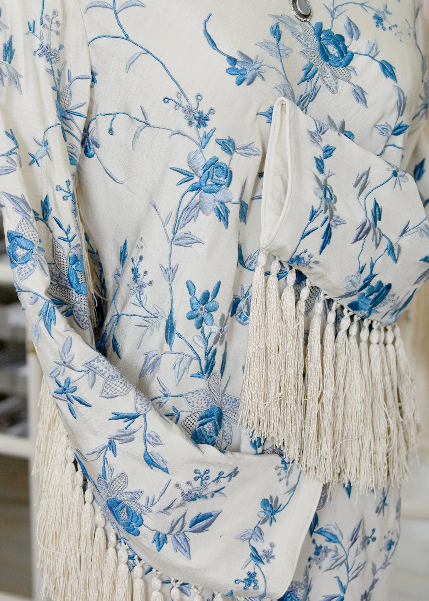 Giselle Antique Hand Embroidered Silk Crepe Dress with Silk Tassel Fringes