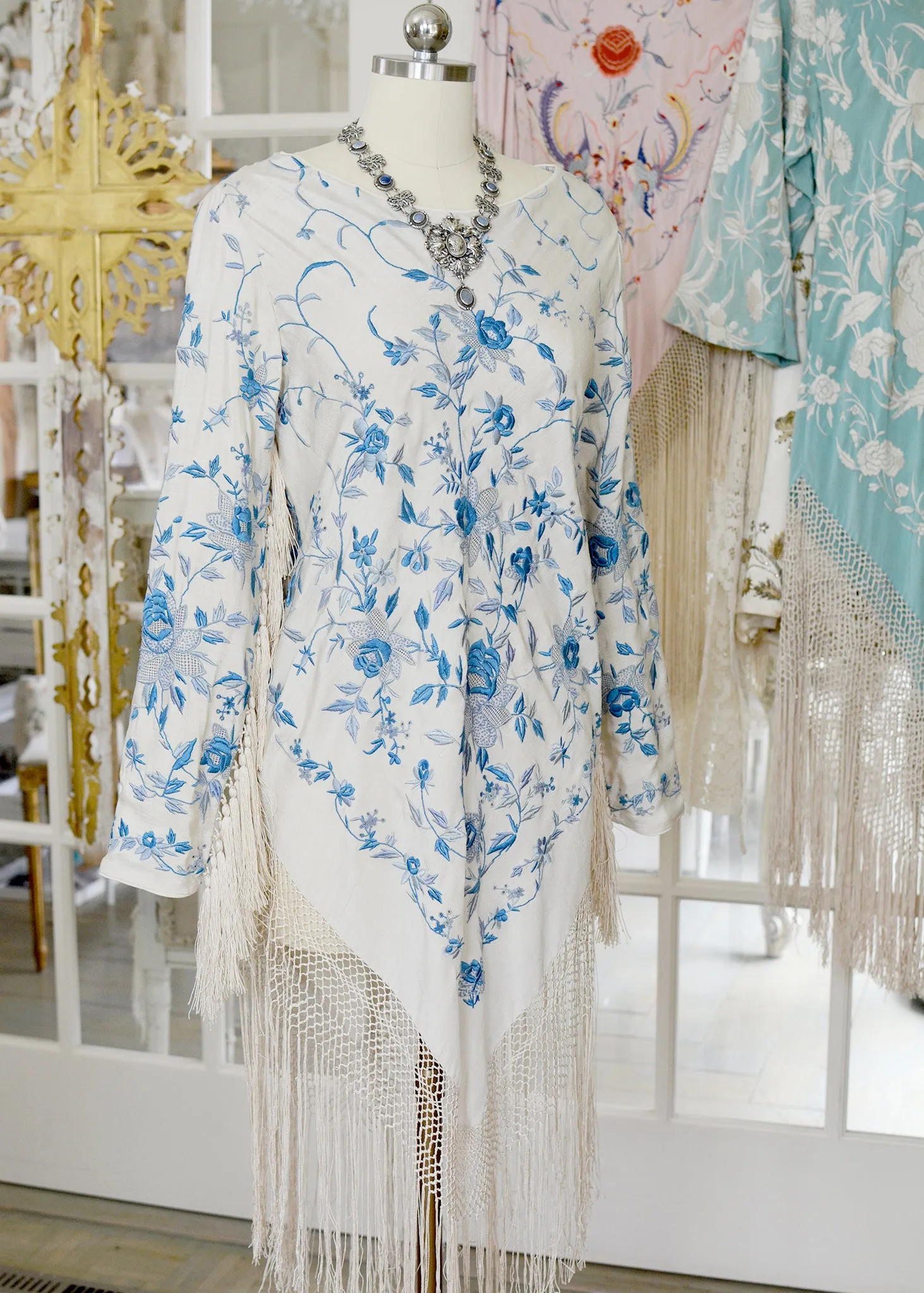 Giselle Antique Hand Embroidered Silk Crepe Dress with Silk Tassel Fringes