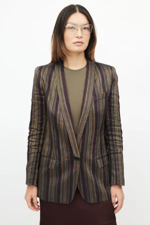 Green & Multicolour Striped Linen Blazer