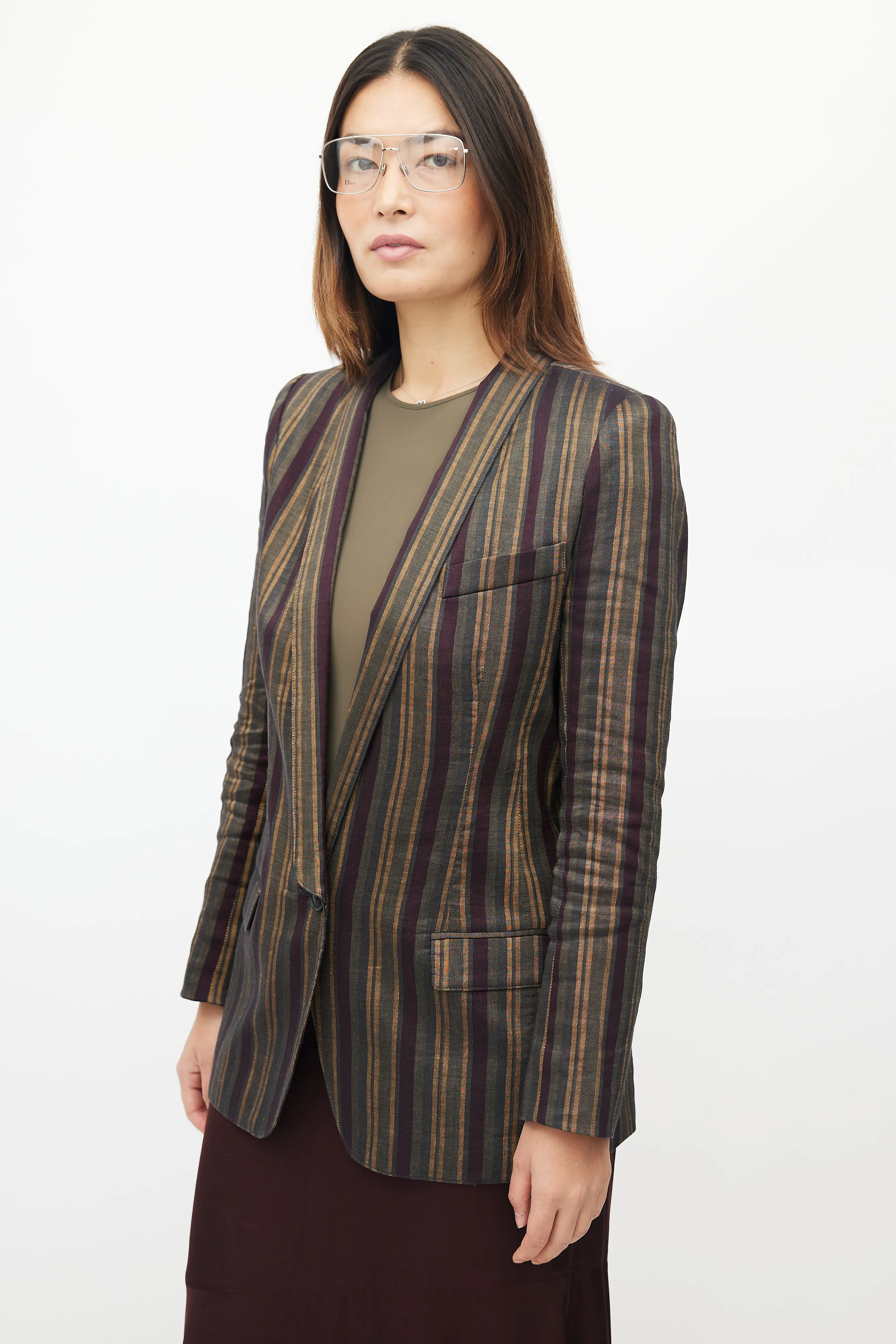 Green & Multicolour Striped Linen Blazer