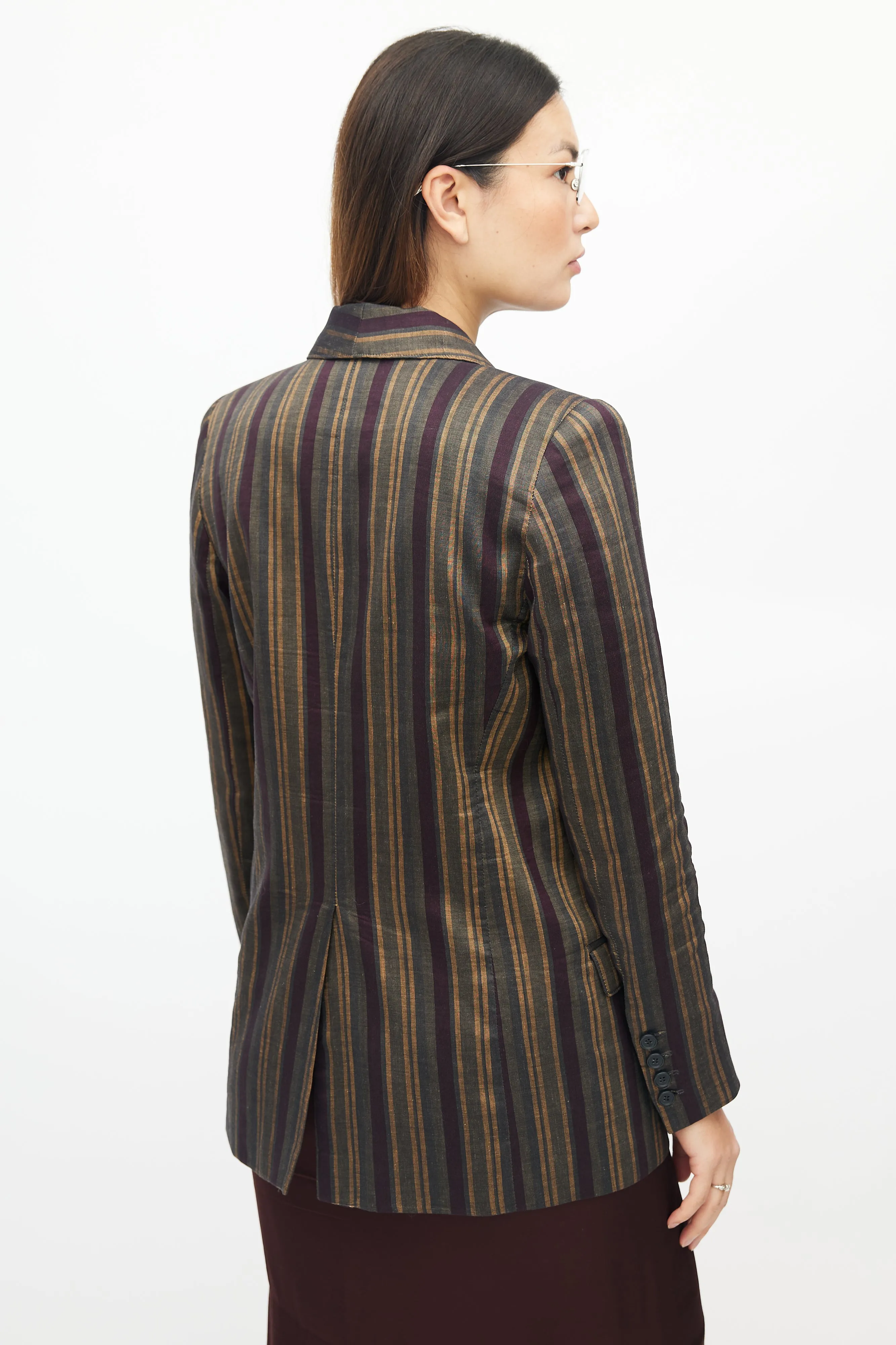 Green & Multicolour Striped Linen Blazer