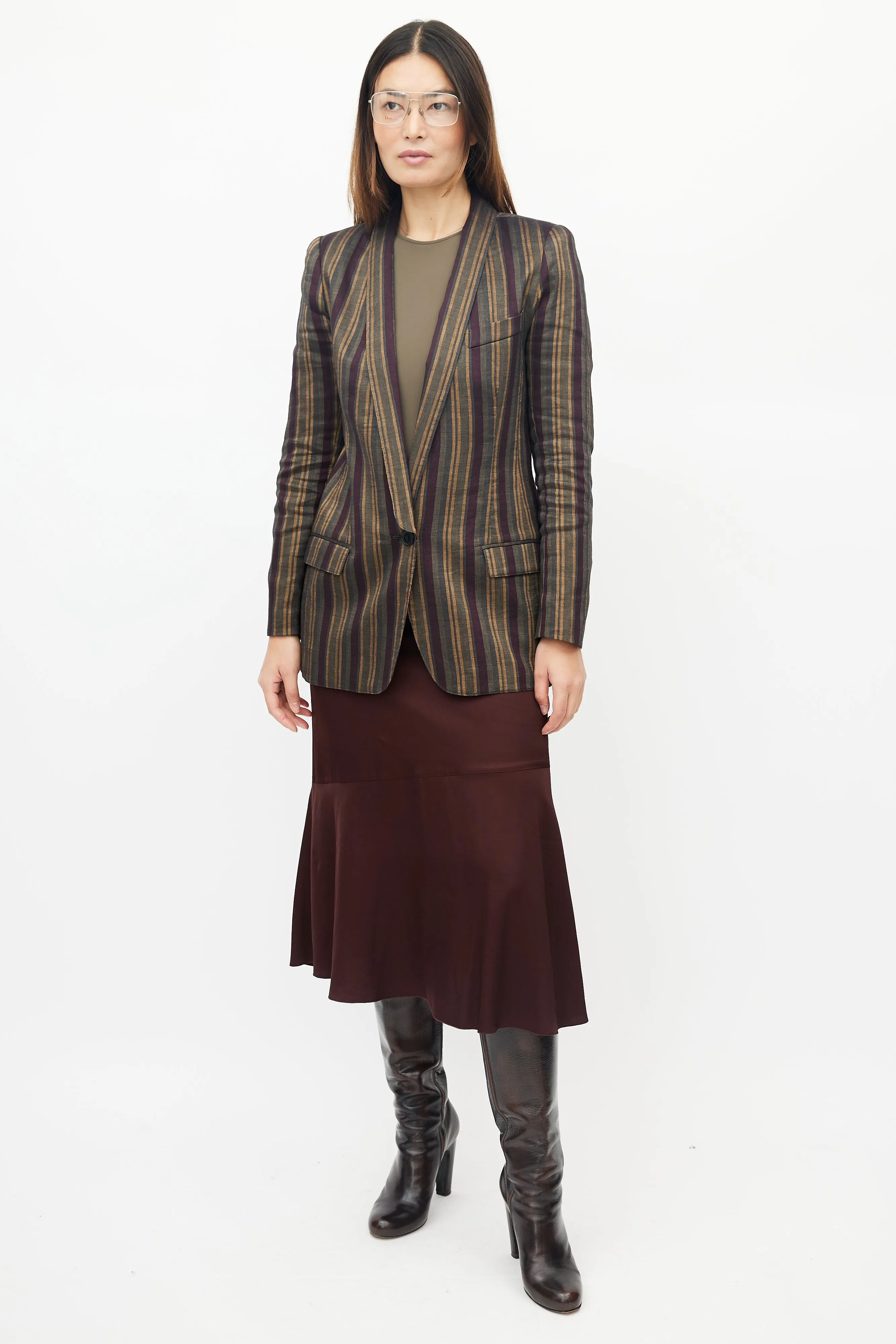 Green & Multicolour Striped Linen Blazer