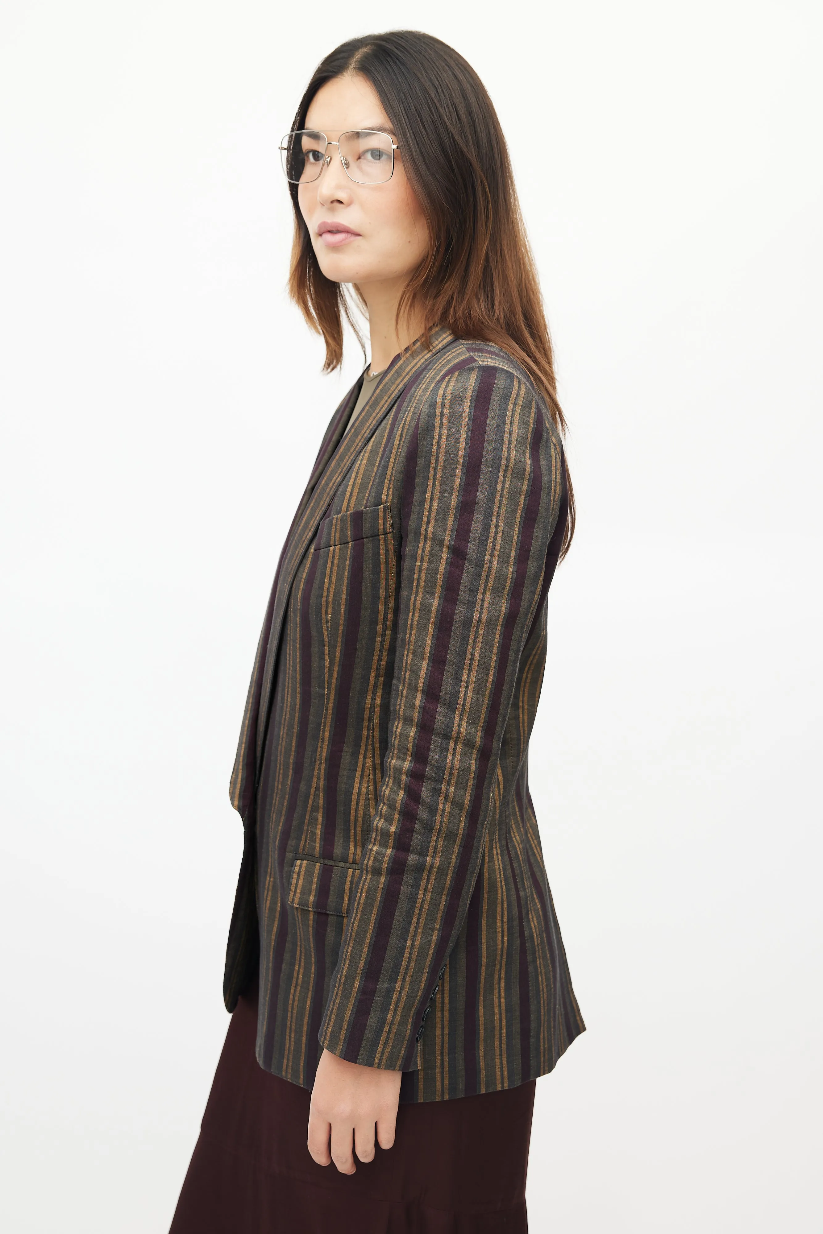 Green & Multicolour Striped Linen Blazer