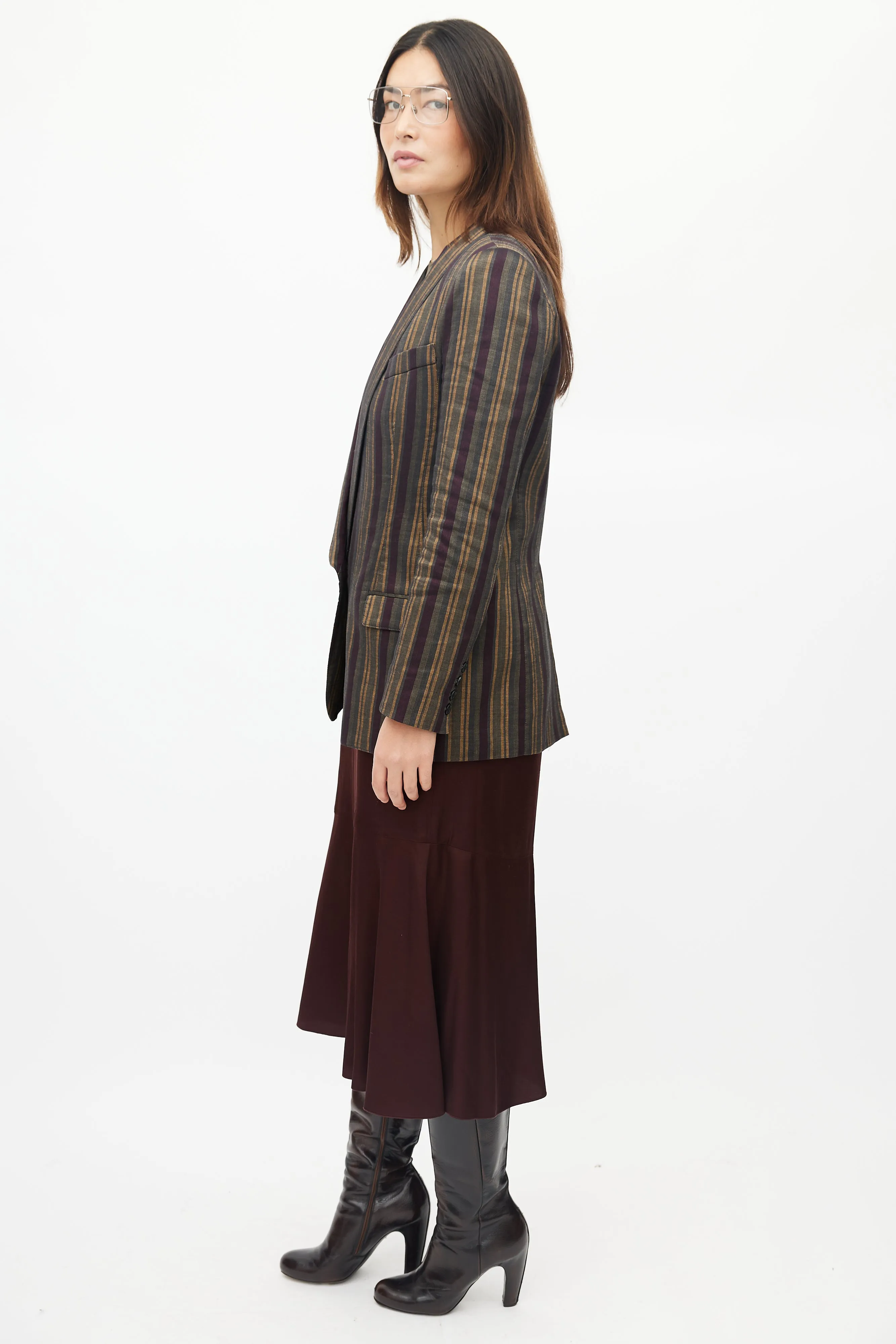 Green & Multicolour Striped Linen Blazer