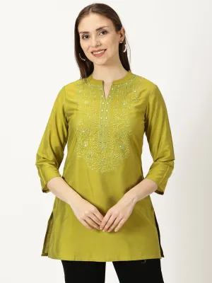 Green Art Silk Embroidered  Neck Tunic with Mirror Accents