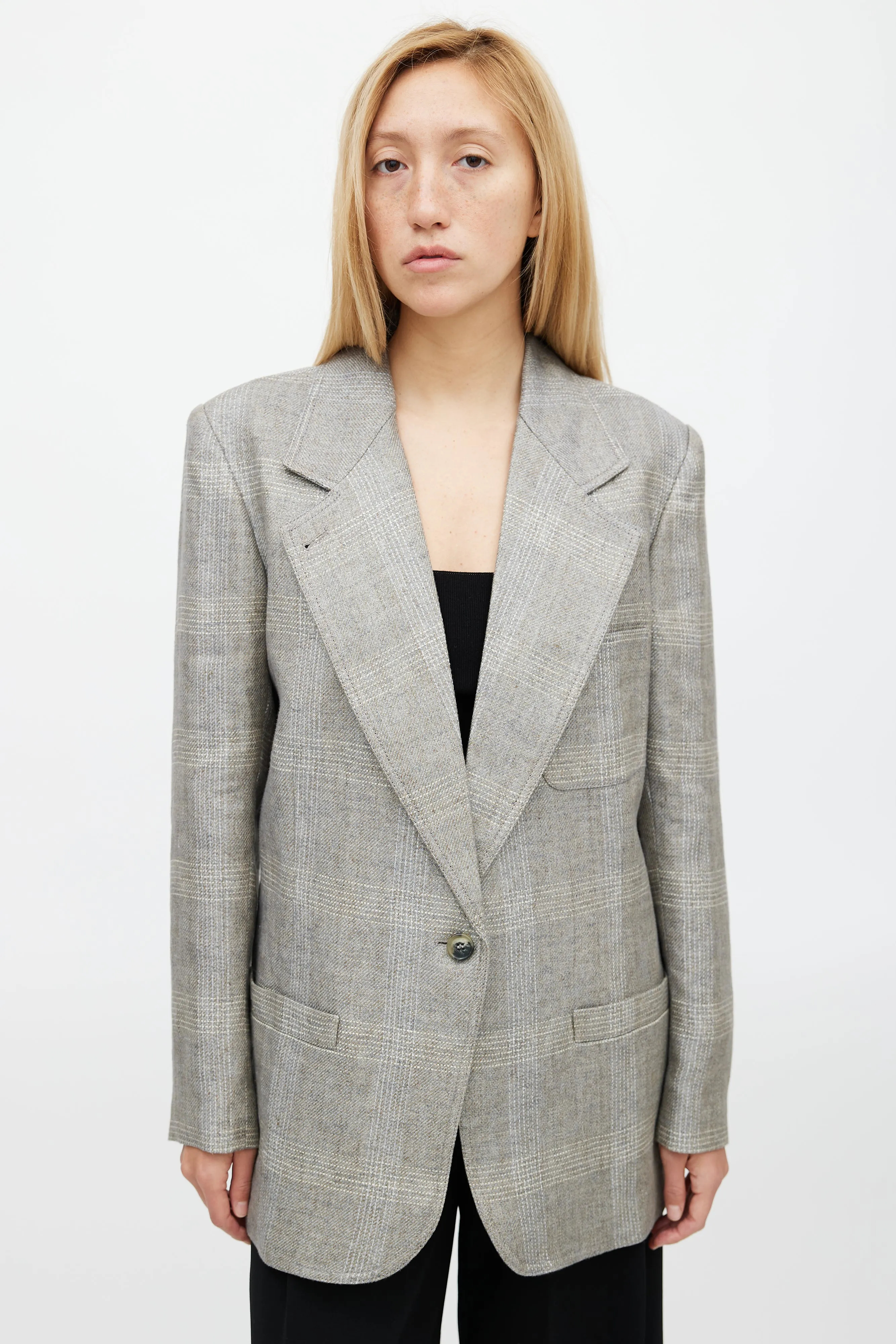Grey Plaid Notch Lapel Linen Blazer