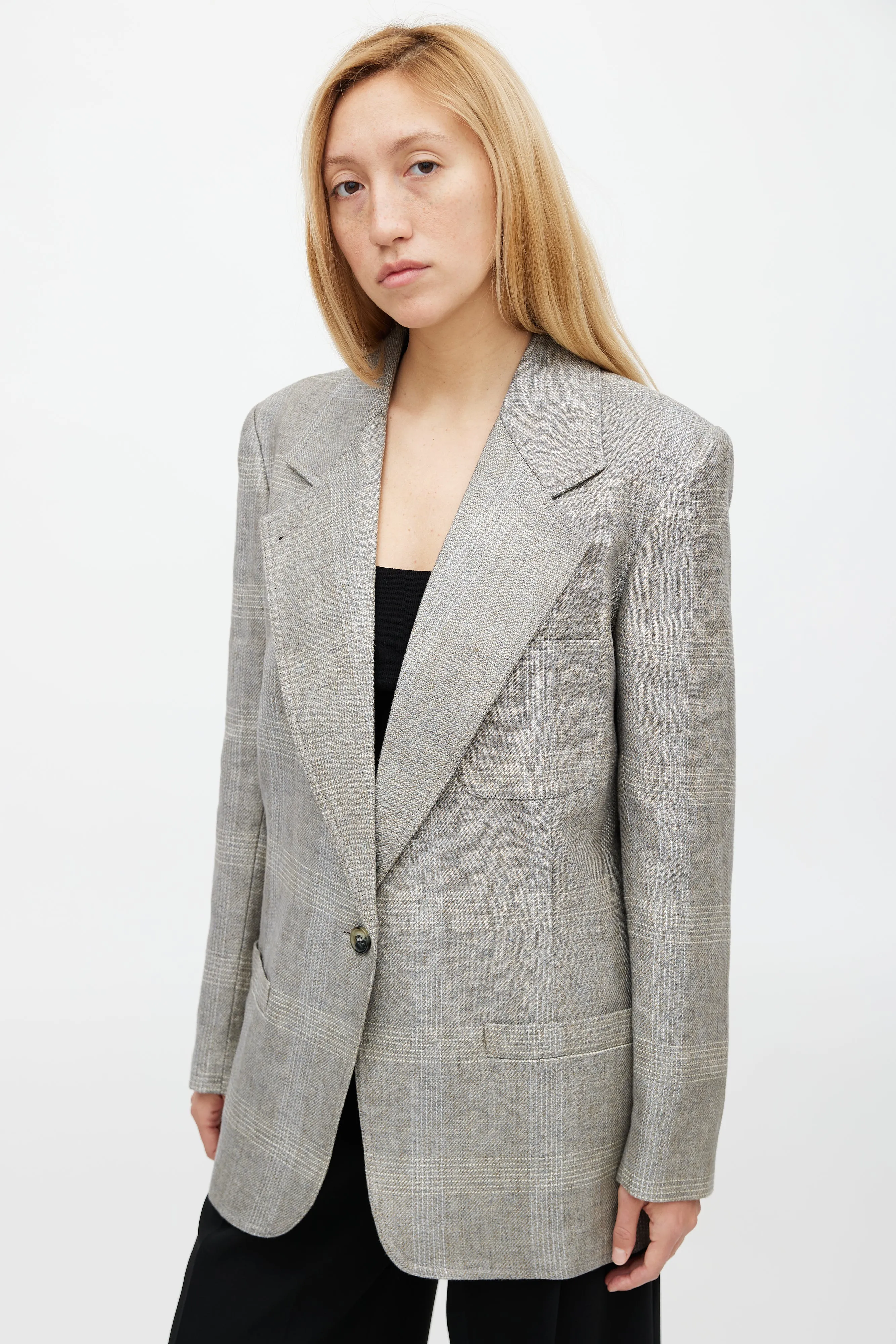 Grey Plaid Notch Lapel Linen Blazer