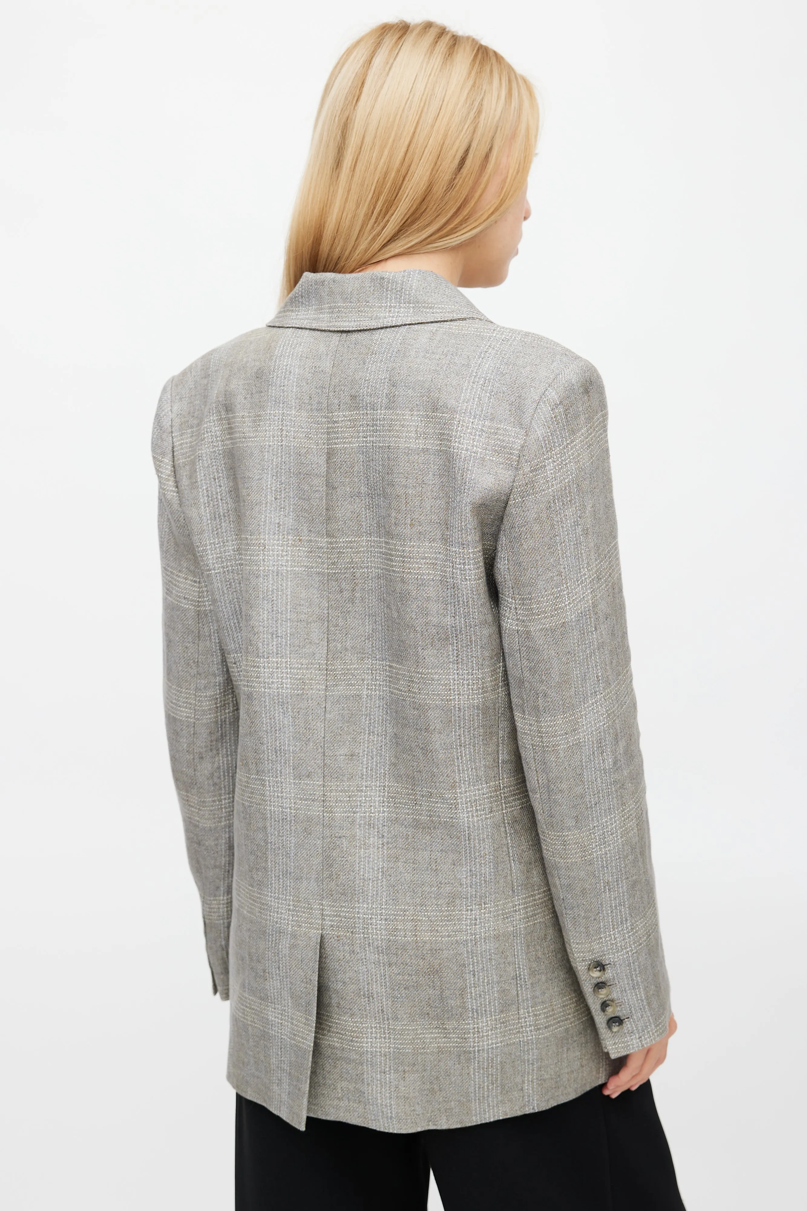 Grey Plaid Notch Lapel Linen Blazer