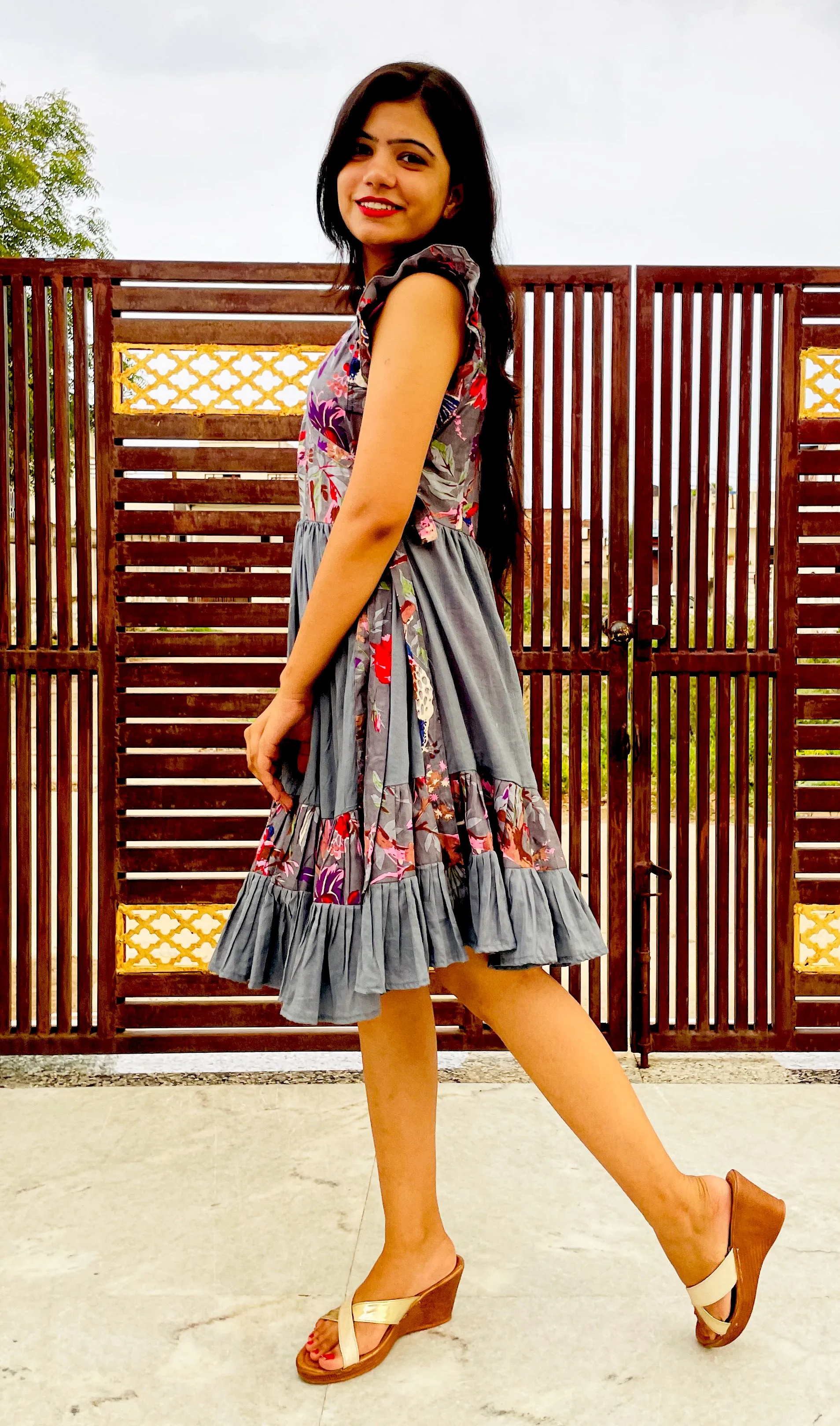 Grey Pure Cotton Wrap Dress, Tutu Style Flared Dress