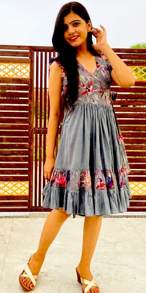 Grey Pure Cotton Wrap Dress, Tutu Style Flared Dress