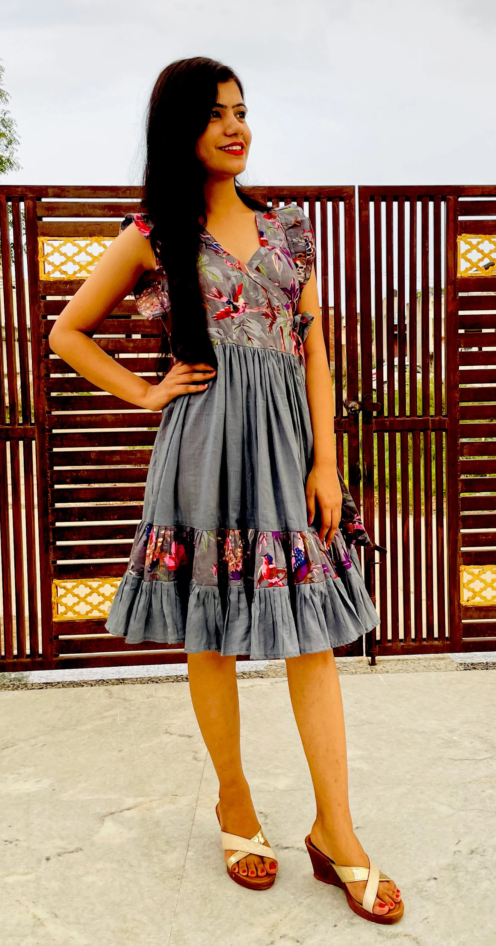 Grey Pure Cotton Wrap Dress, Tutu Style Flared Dress