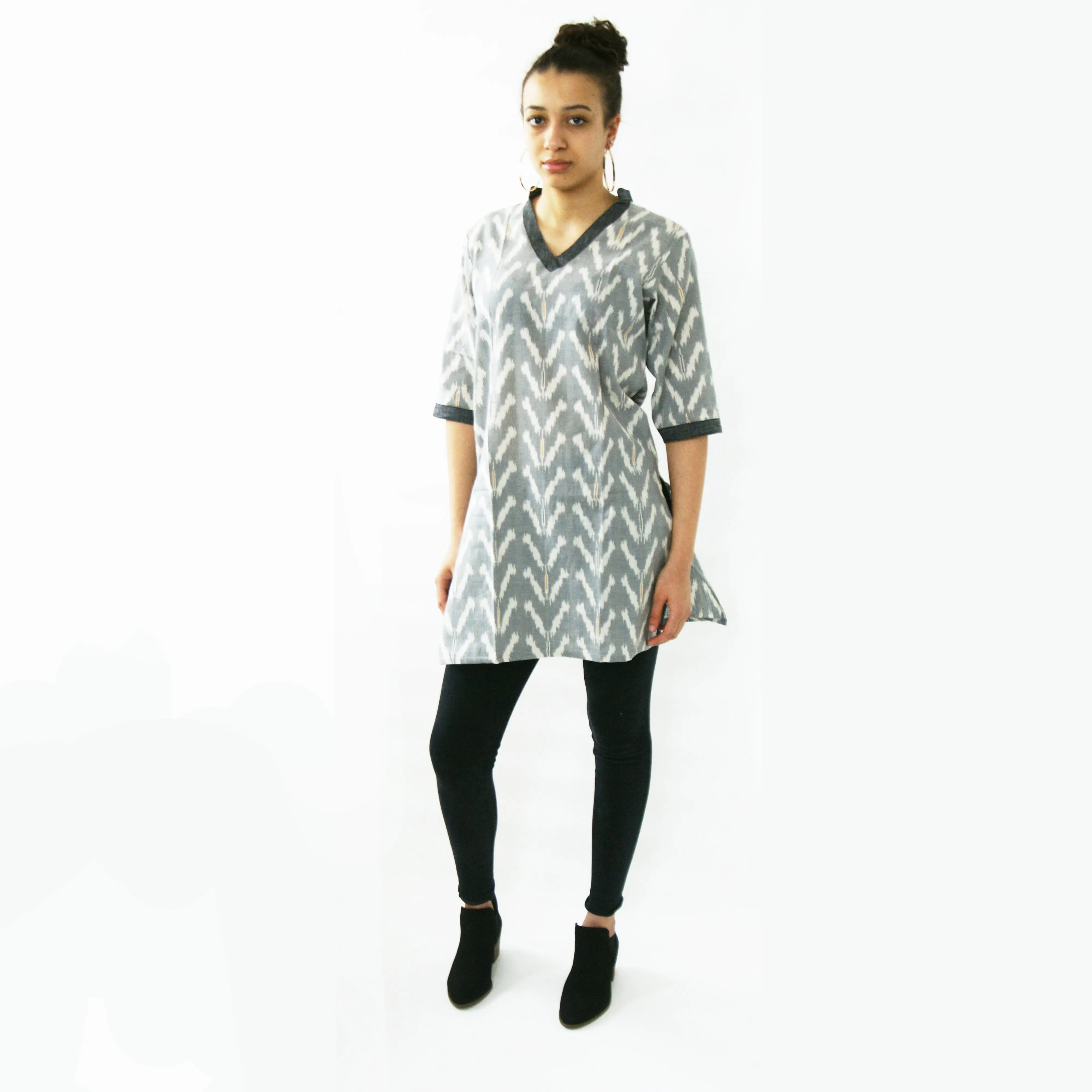 Grey Tulip Cotton Tunic Top Artisan Made Ikat