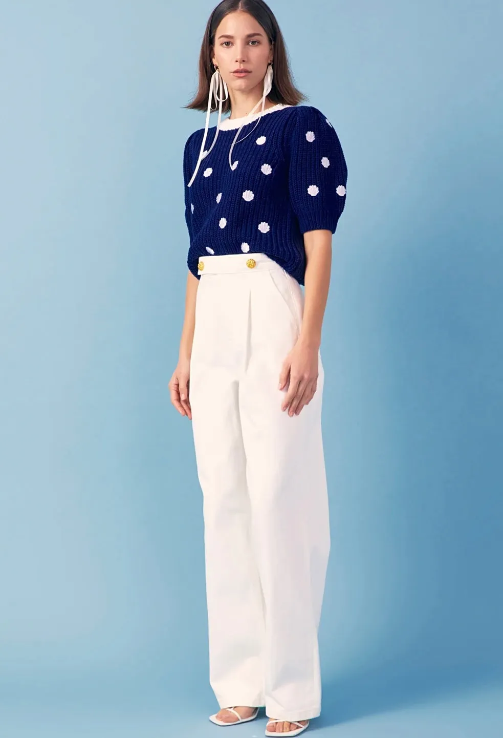 High Waist Button Detail Off White Jeans