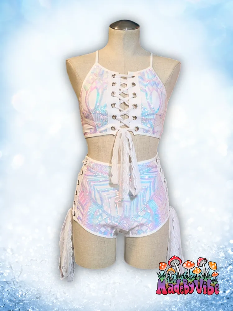 Icy Prism High Waisted Side Lace Booty Shorts - Ready to Ship